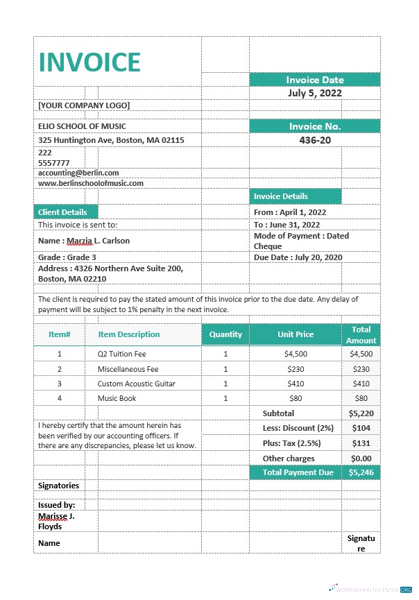 Download Music School Invoice Template Photoshop template